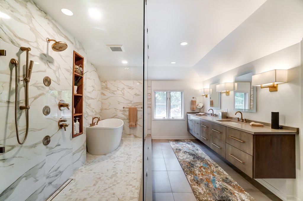 Side by side photo of a renovated bathroom. 